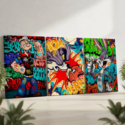 Graffiti Cartoon Legends 3 Panel 4K Ultra HD Wall Art in Pakistan | IBRELIA™ IBRELIA