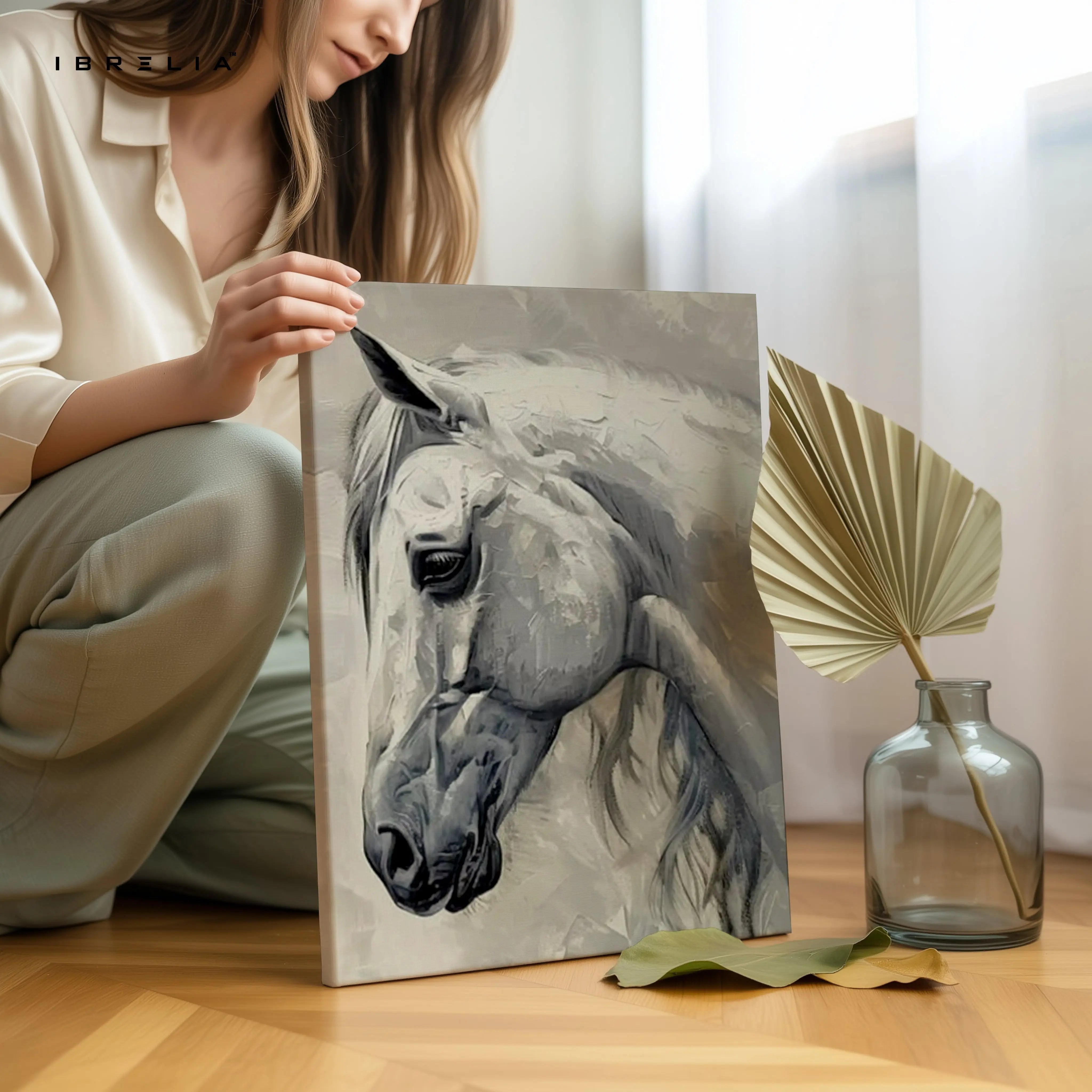 White Stallion Grace Art – Minimal Neutral Horse Portrait Wall Art | 4K Ultra Wrap Frame Wall Art in Pakistan | IBRELIA™ IBRELIA