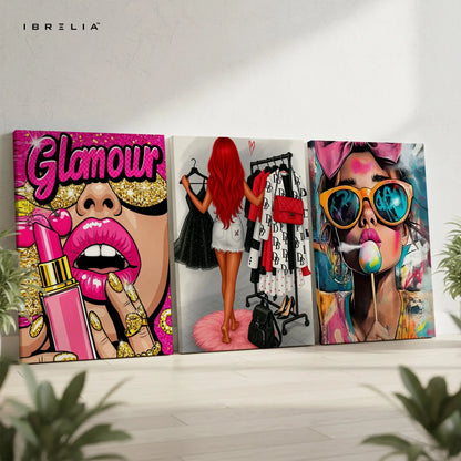 Glamour Fashion Pop Art 3 Panel 4K Ultra HD Wall Art in Pakistan | IBRELIA™ IBRELIA
