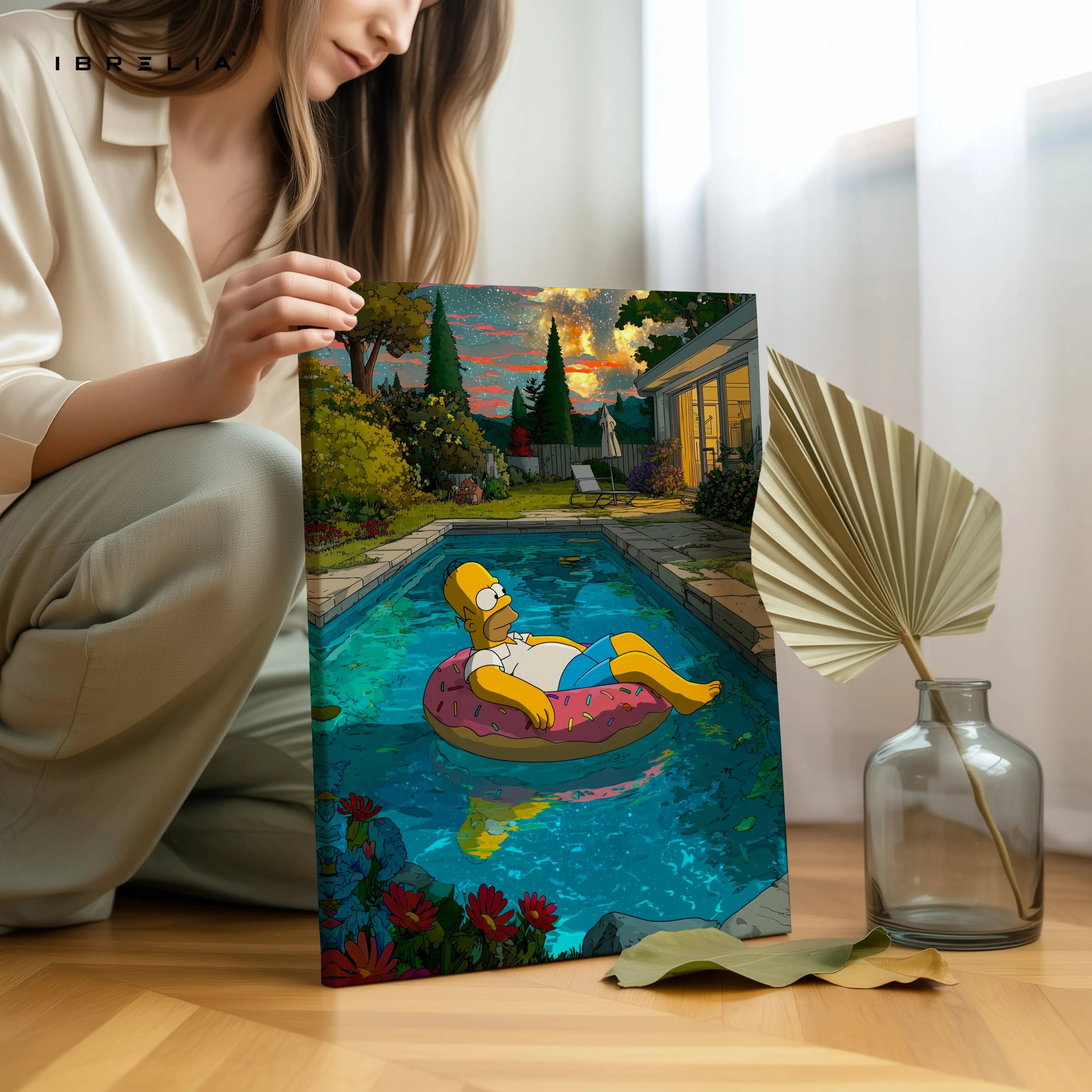 Homer Simpson Chill Pool Wall Art – Relaxing Cartoon Canvas Frame | Aesthetic Summer Vibes Decor Pakistan | IBRELIA™ IBRELIA