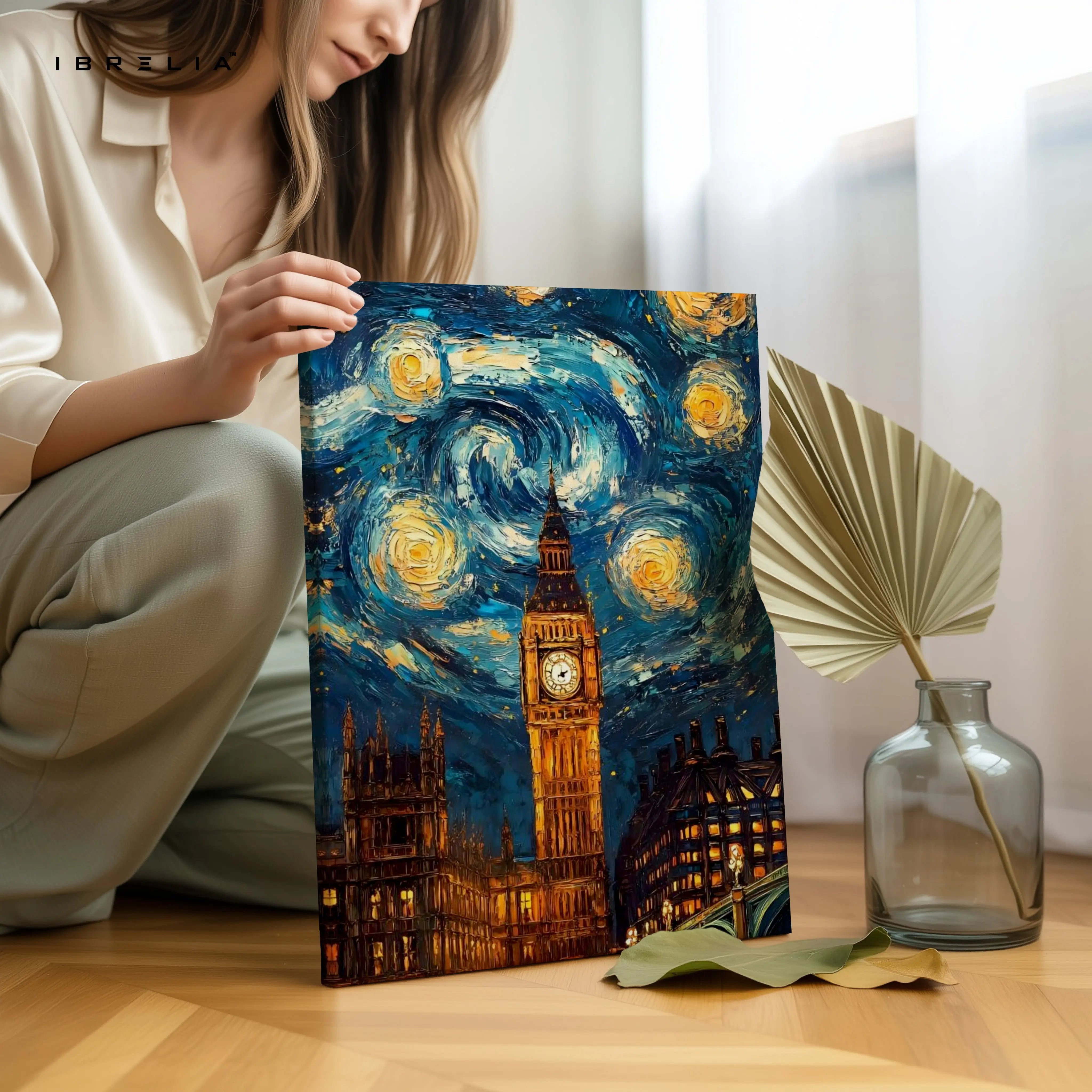 Big Ben Starry Night Wall Art – London Artistic Canvas Frame | Van Gogh Style Cityscape Poster Pakistan | IBRELIA™ IBRELIA