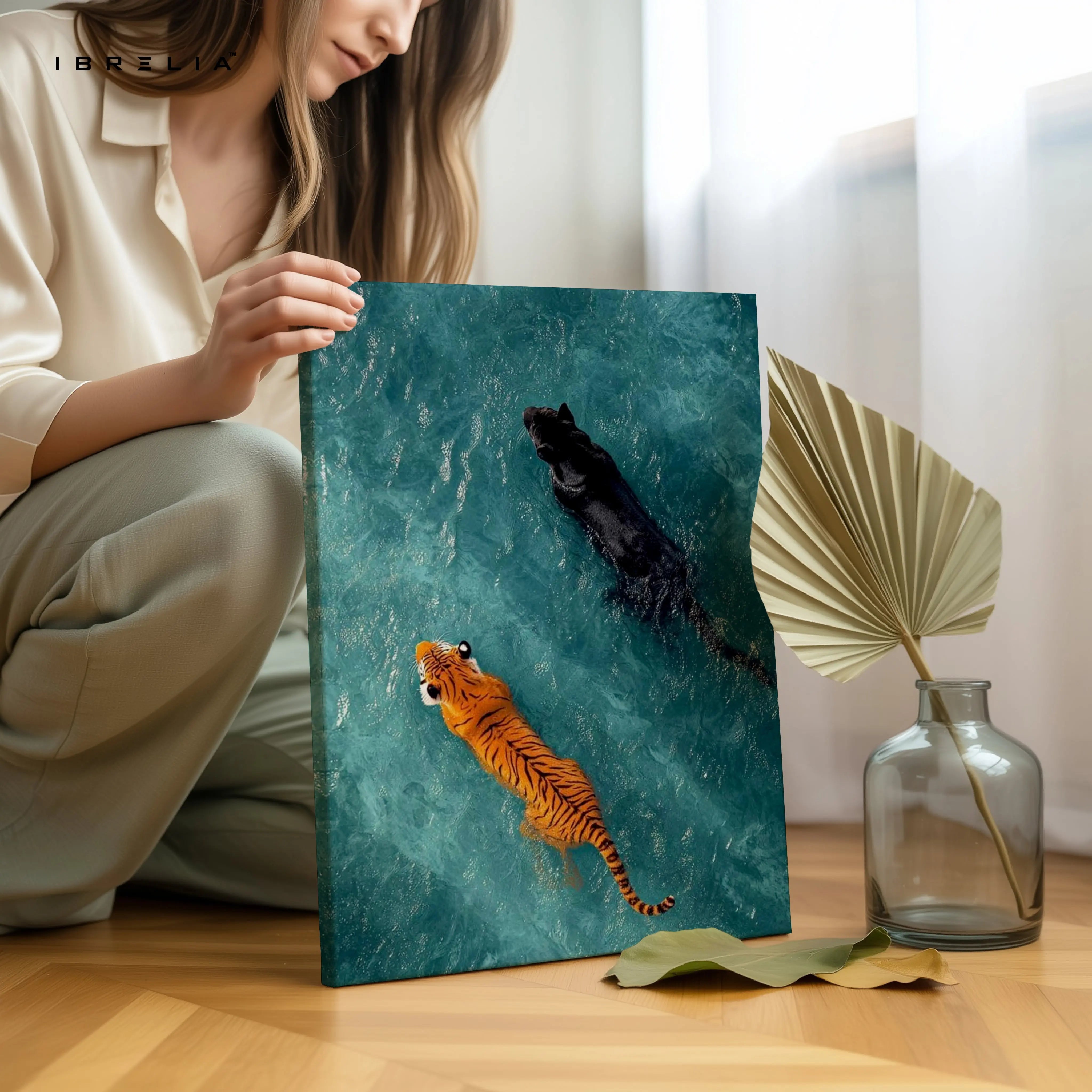 Tiger & Panther Swimming Wall Art – Minimal Wildlife Canvas Frame | Aesthetic Animal Poster Pakistan | IBRELIA™ IBRELIA