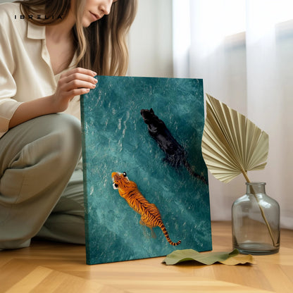 Tiger & Panther Swimming Wall Art – Minimal Wildlife Canvas Frame | Aesthetic Animal Poster Pakistan | IBRELIA™ IBRELIA