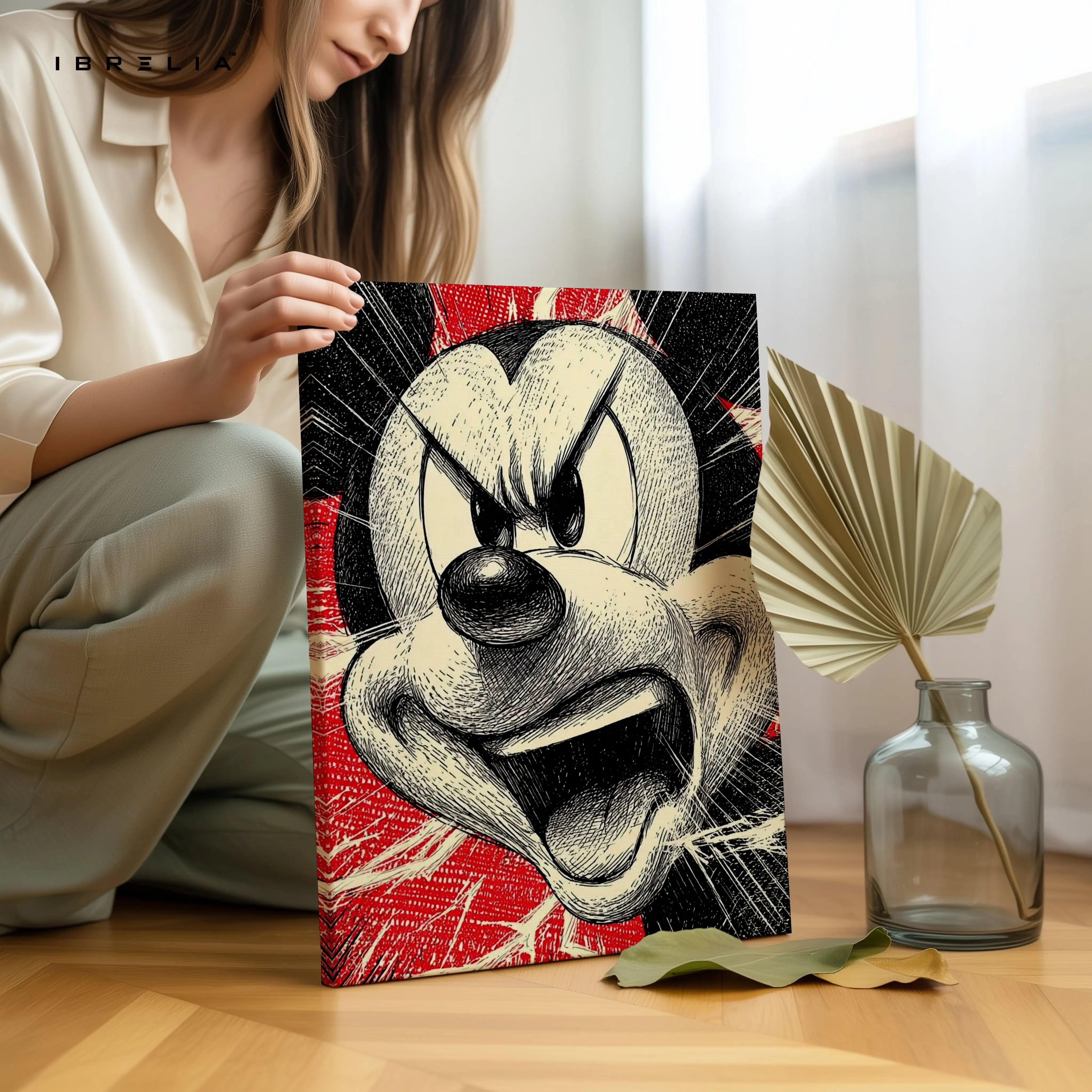 Mickey Angry Sketch Wall Art – Vintage Cartoon Canvas Frame | Bold Pop Art Poster Pakistan | IBRELIA™ IBRELIA