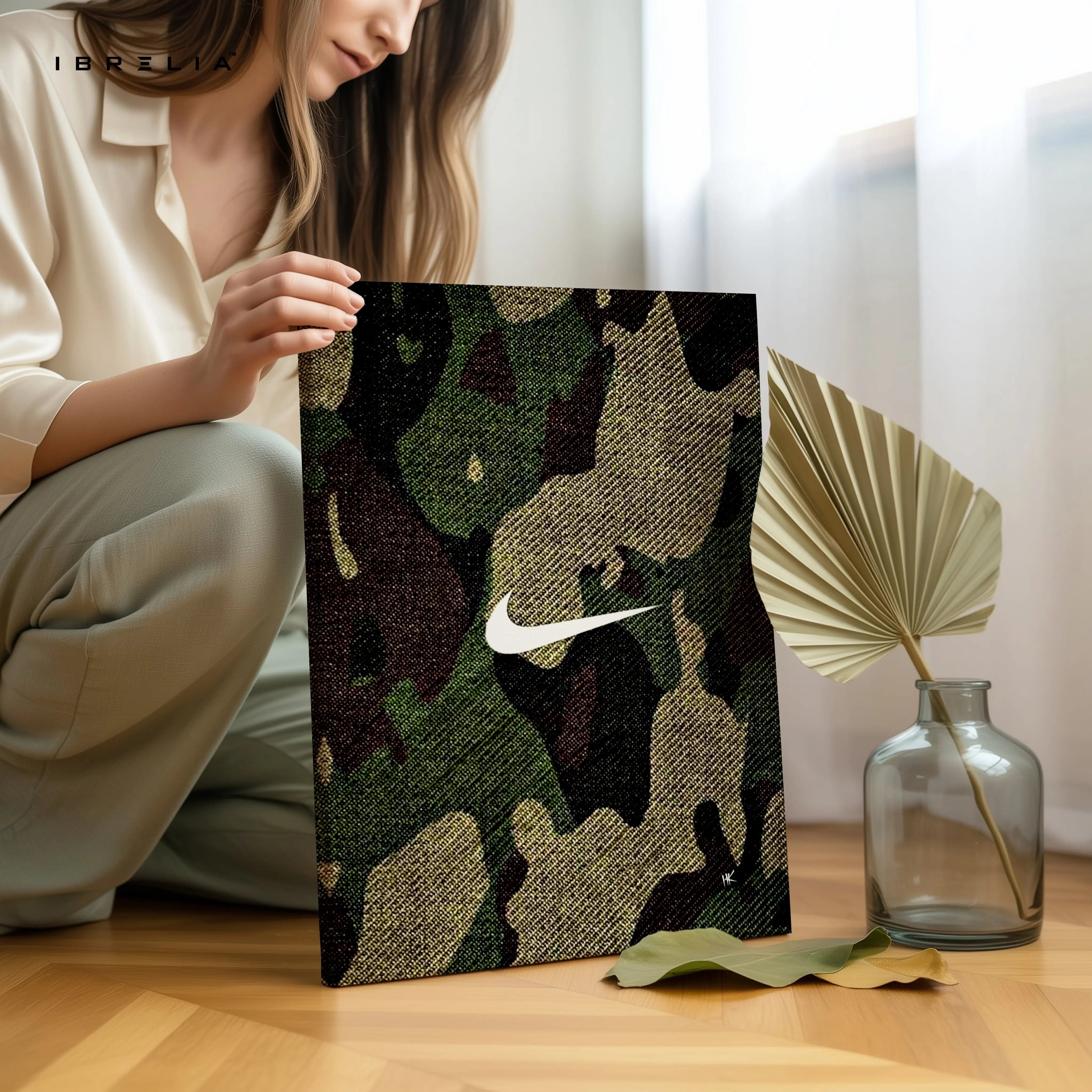 Camo Nike Minimal Wall Art – Streetwear Aesthetic Canvas Frame | Military Pattern Sneaker Style Poster Pakistan | IBRELIA™ IBRELIA