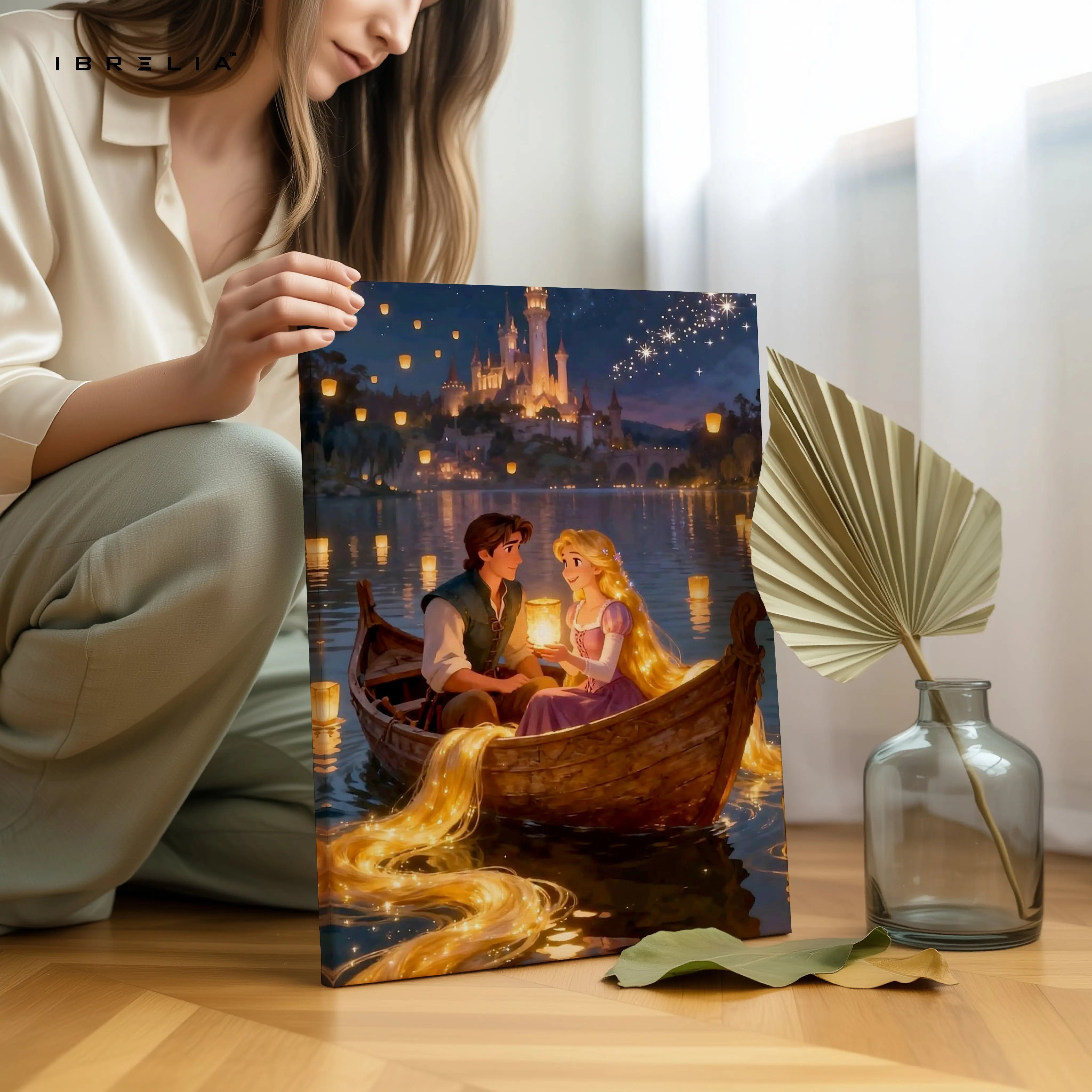 Rapunzel Lantern Boat Romance Wall Art – Fairytale Love Canvas Frame | Magical Couple Decor Pakistan | IBRELIA™ IBRELIA