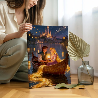 Rapunzel Lantern Boat Romance Wall Art – Fairytale Love Canvas Frame | Magical Couple Decor Pakistan | IBRELIA™ IBRELIA
