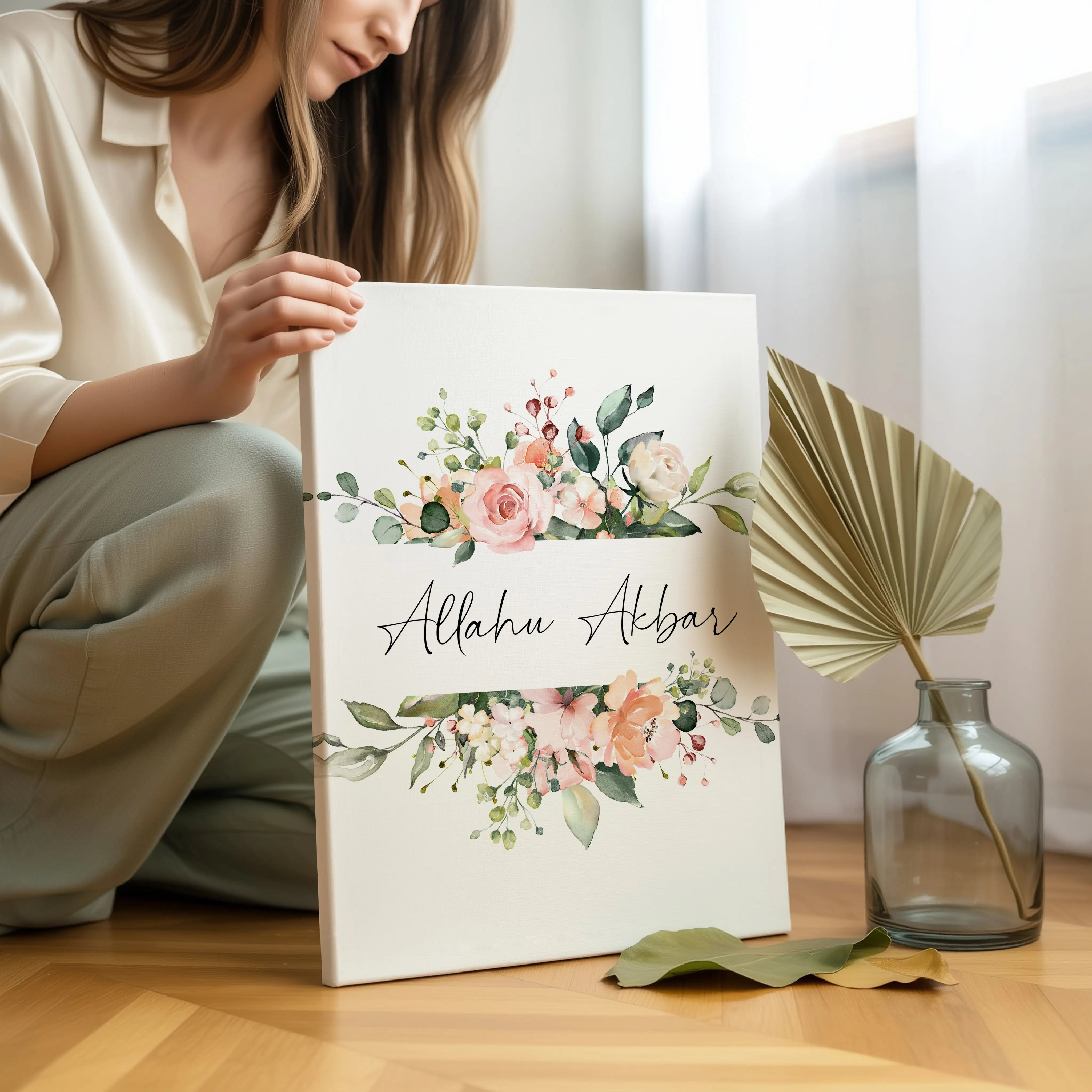 Allahu Akbar Islamic Wall Art – Elegant Floral Watercolor Design | 4K Ultra Wrap Frame Wall Art in Pakistan | IBRELIA™ IBRELIA