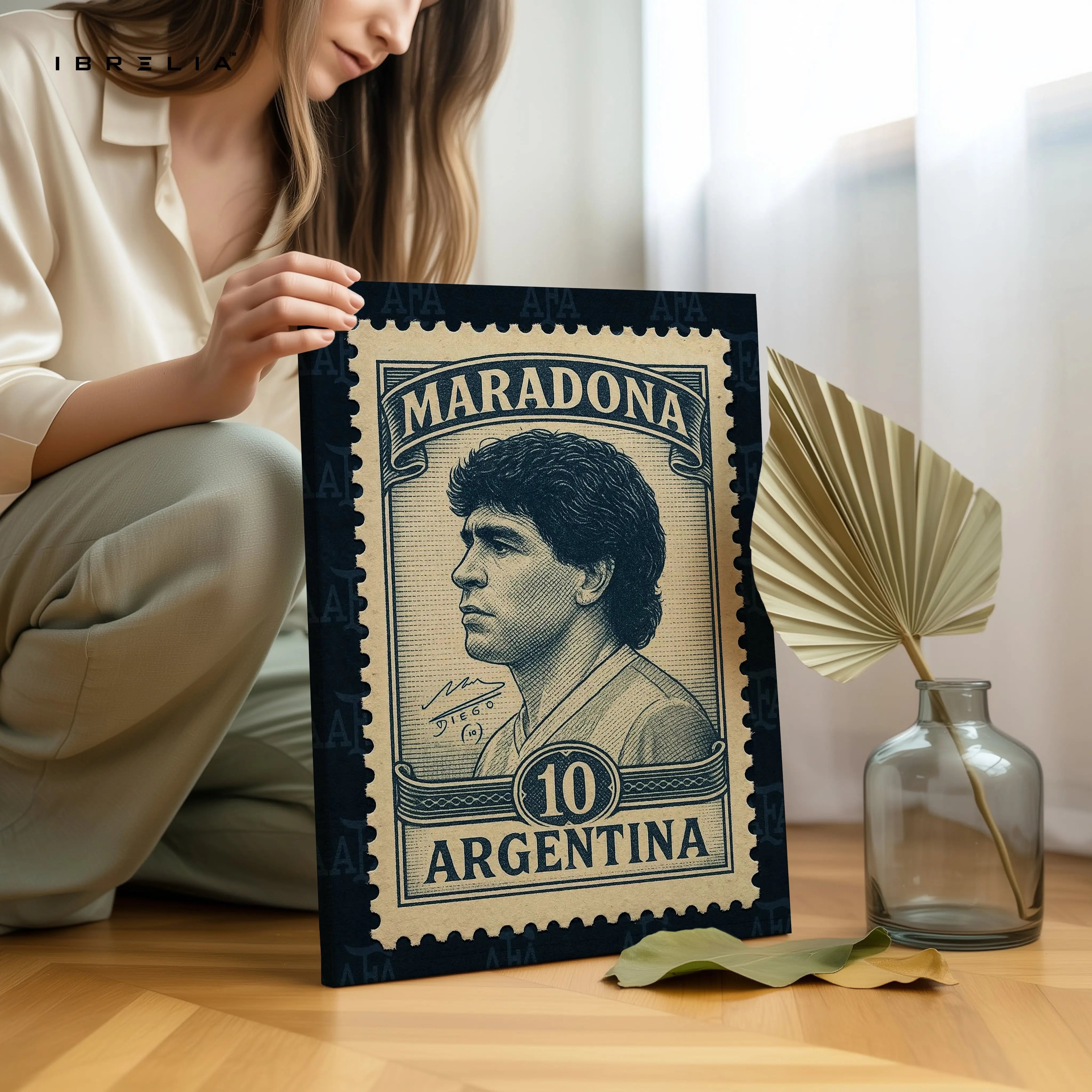 Diego Maradona Vintage Wall Art – Argentina Football Legend Canvas Frame | Retro Stamp Style Poster Pakistan | IBRELIA™ IBRELIA