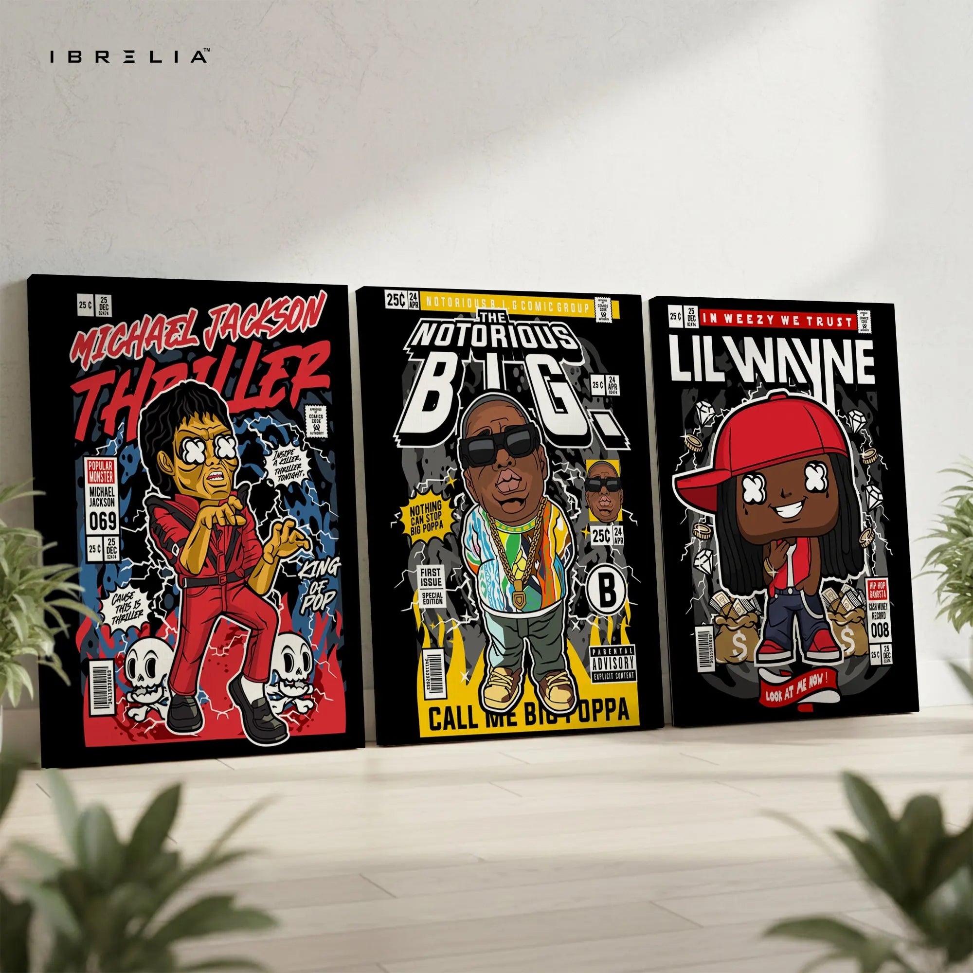 Hip Hop Icons Comic Style 3 Panel 4K Ultra HD Wall Art in Pakistan | IBRELIA™ IBRELIA