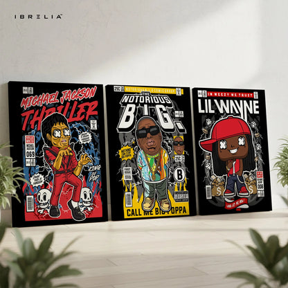 Hip Hop Icons Comic Style 3 Panel 4K Ultra HD Wall Art in Pakistan | IBRELIA™ IBRELIA