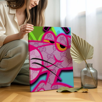 Gucci x Pink Panther Wall Art – Neon Luxury Cartoon Canvas Frame | Designer Street Style Poster Pakistan | IBRELIA™ IBRELIA