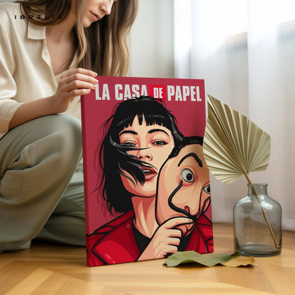 Heist Mask Girl Wall Art – Rebel Crime Canvas Frame | Bold Series Scene Decor Pakistan | IBRELIA™ IBRELIA
