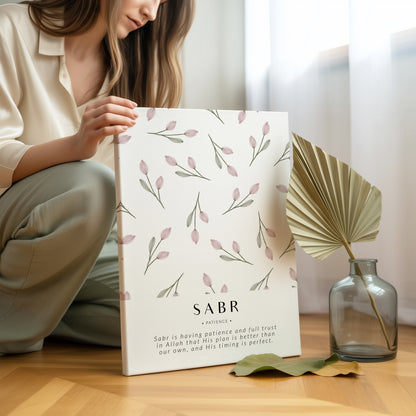 Sabr Patience Islamic Wall Art – Soft Pink Tulip Floral Design | 4K Ultra Wrap Frame Wall Art in Pakistan | IBRELIA™