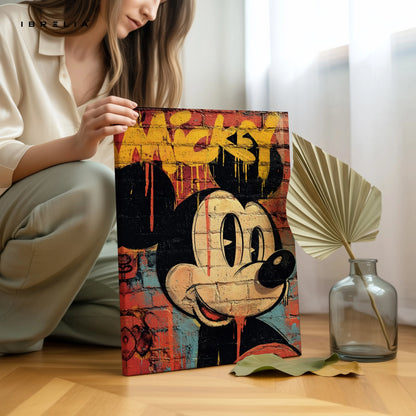 Mickey Mouse Graffiti Wall Art – Street Art Cartoon Canvas Frame | Urban Brick Style Poster Pakistan | IBRELIA™ IBRELIA