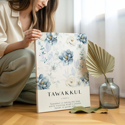 Tawakkul Islamic Wall Art – Blue Floral Trust Design | 4K Ultra Wrap Frame Wall Art in Pakistan | IBRELIA™ IBRELIA