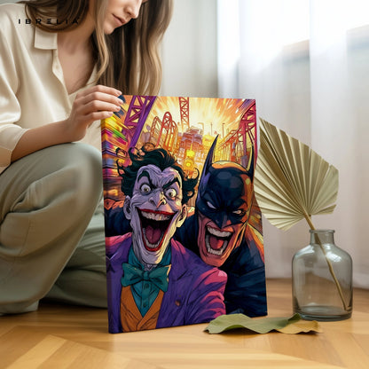 Batman vs Joker Wall Art – Chaos City Comic Style Canvas Frame | Gotham Villain & Hero Poster Pakistan | IBRELIA™ IBRELIA