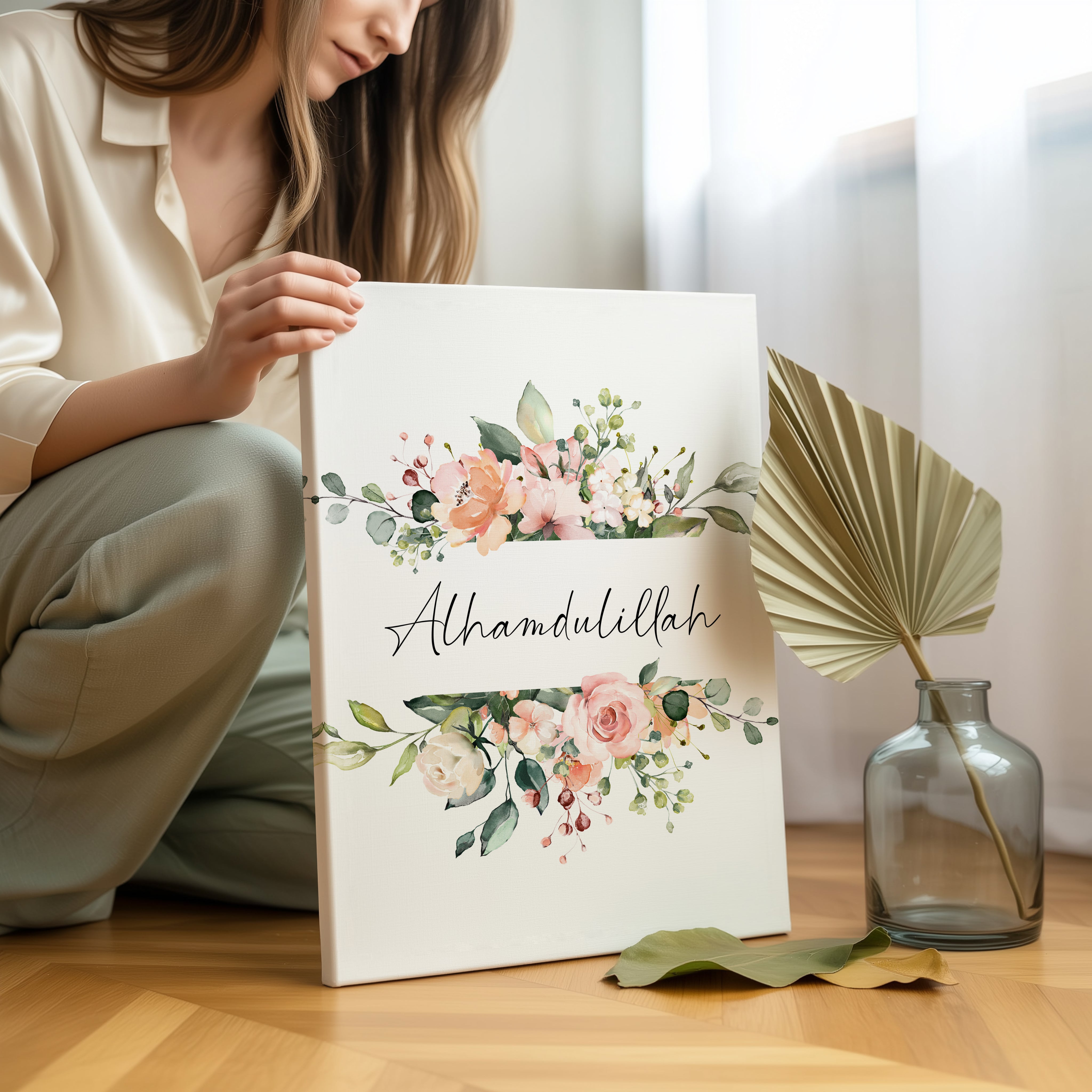 Alhamdulillah Islamic Wall Art – Elegant Floral Watercolor Design | 4K Ultra Wrap Frame Wall Art in Pakistan | IBRELIA™