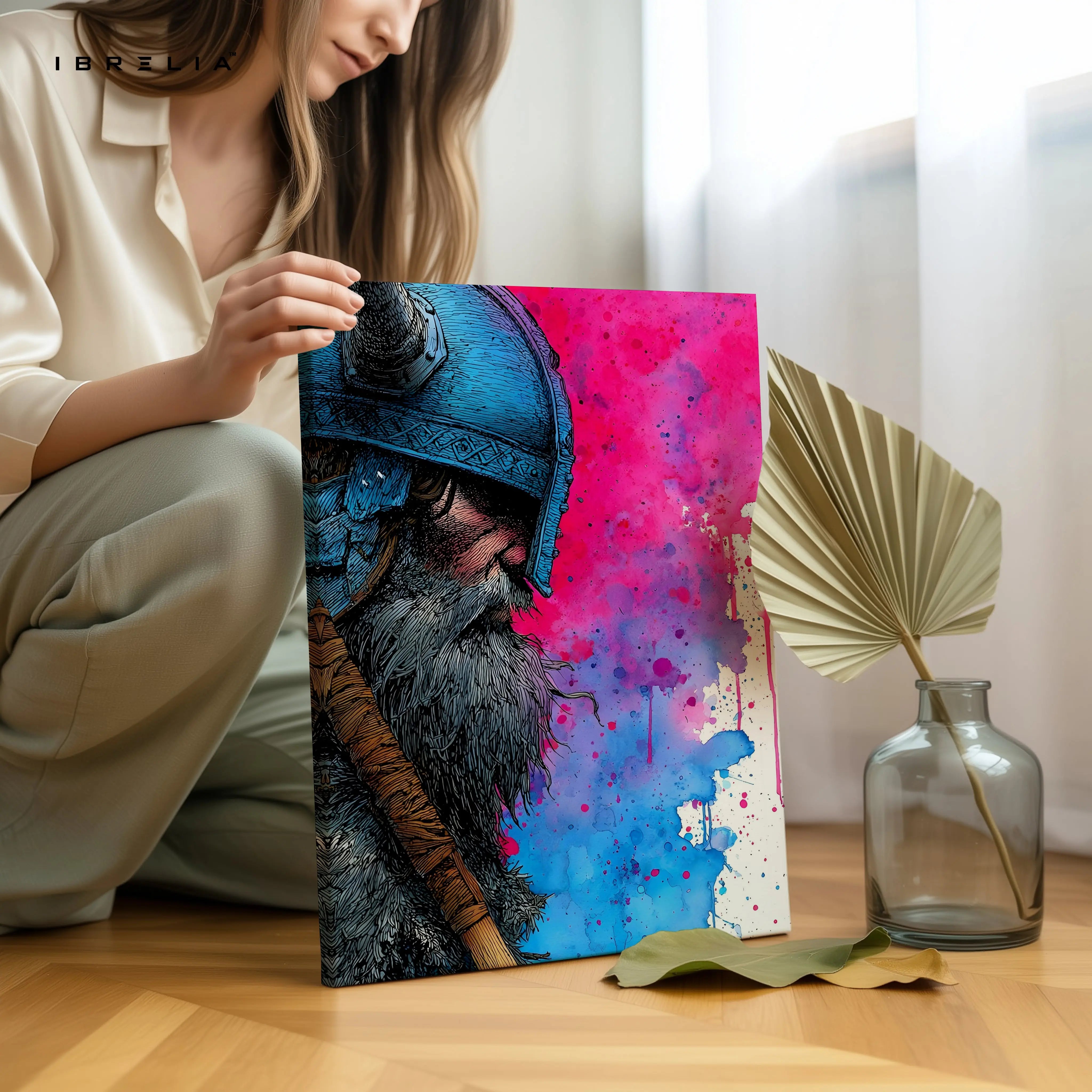 Viking Warrior Portrait Wall Art – Color Splash Norse Canvas Frame | Bold Warrior Illustration Poster Pakistan | IBRELIA™ IBRELIA