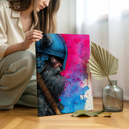 Viking Warrior Portrait Wall Art – Color Splash Norse Canvas Frame | Bold Warrior Illustration Poster Pakistan | IBRELIA™ IBRELIA