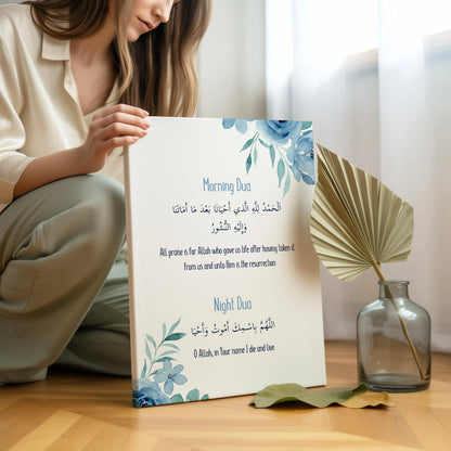 Morning & Night Dua Islamic Wall Art – Blue Floral Edition | 4K Ultra Wrap Frame Wall Art in Pakistan | IBRELIA™ IBRELIA