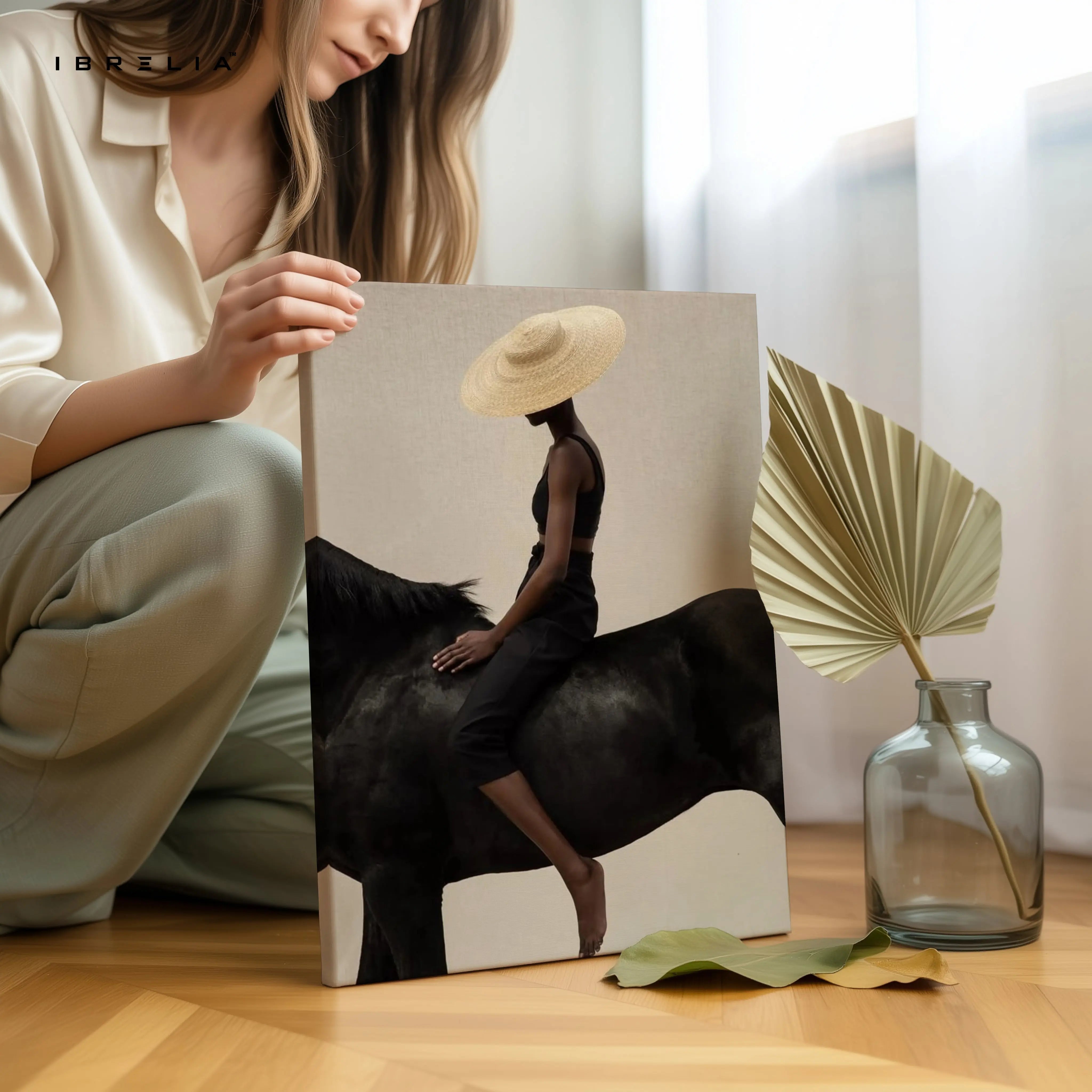Minimal Equestrian Elegance Art – Modern Woman on Horse Aesthetic Wall Art | 4K Ultra Wrap Frame Wall Art in Pakistan | IBRELIA™ IBRELIA