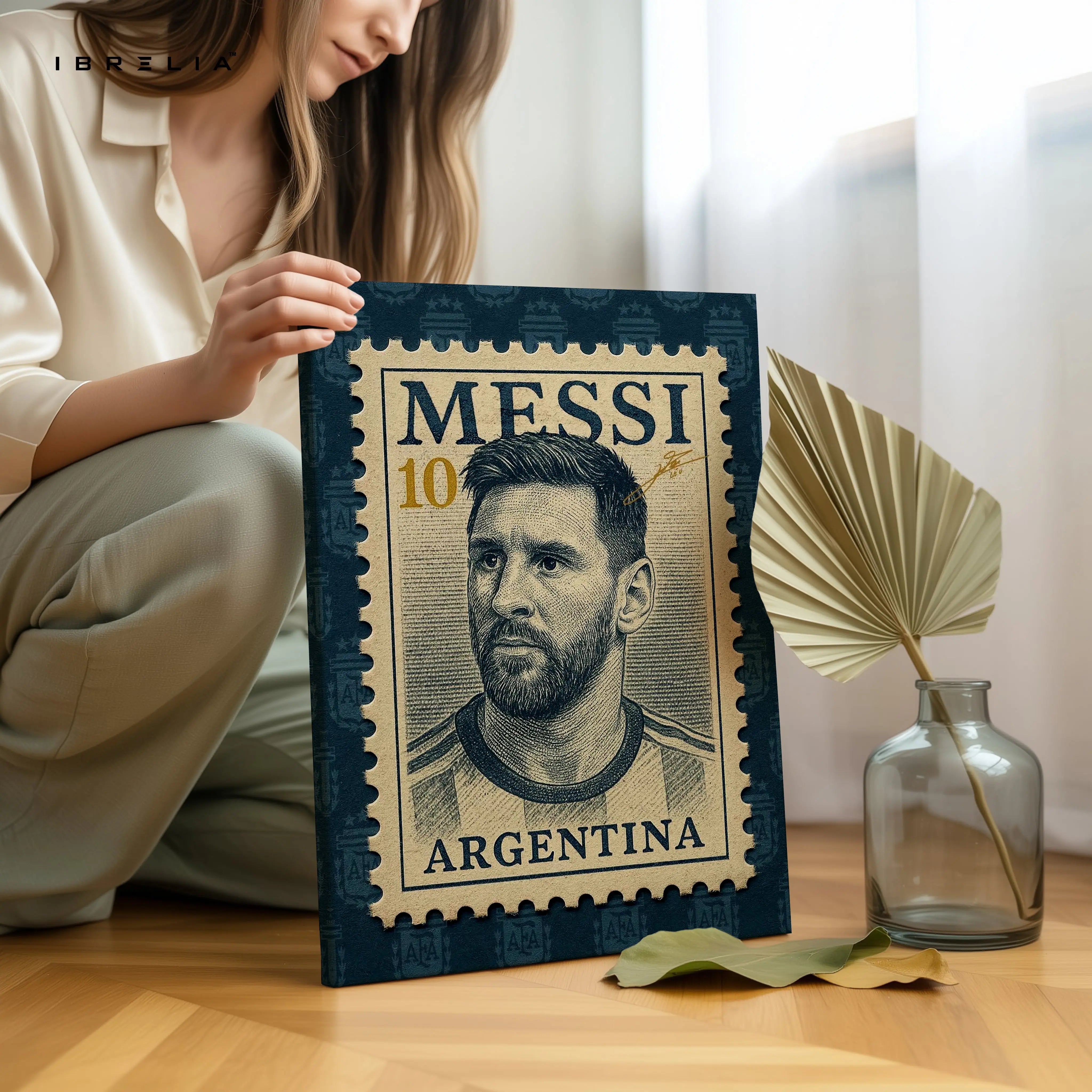 Lionel Messi Vintage Wall Art – Argentina Football Legend Canvas Frame | Retro Stamp Style Poster Pakistan | IBRELIA™ IBRELIA