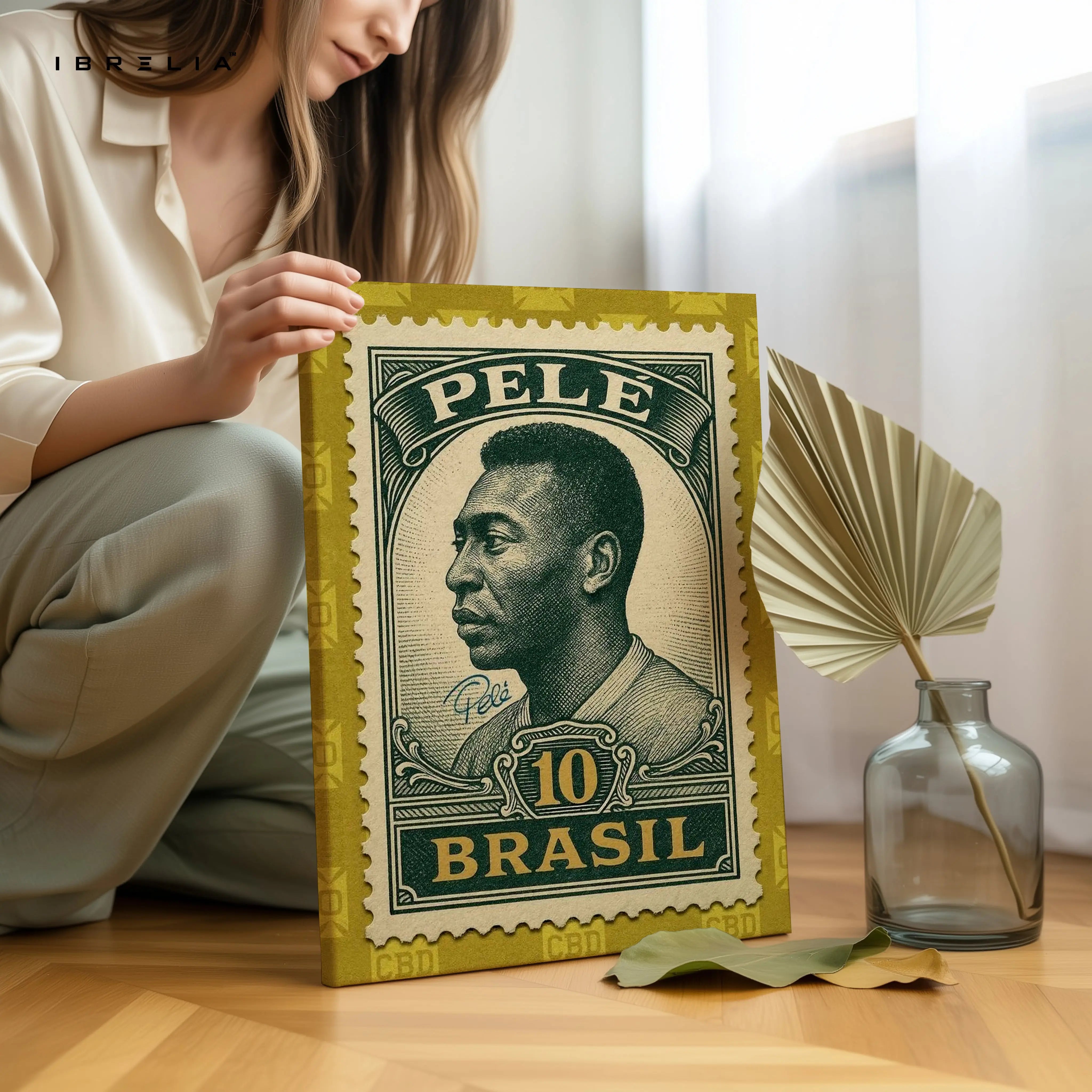 Pelé Vintage Stamp Wall Art – Brazil Football Legend Canvas Frame | Classic Sports Poster Pakistan | IBRELIA™ IBRELIA