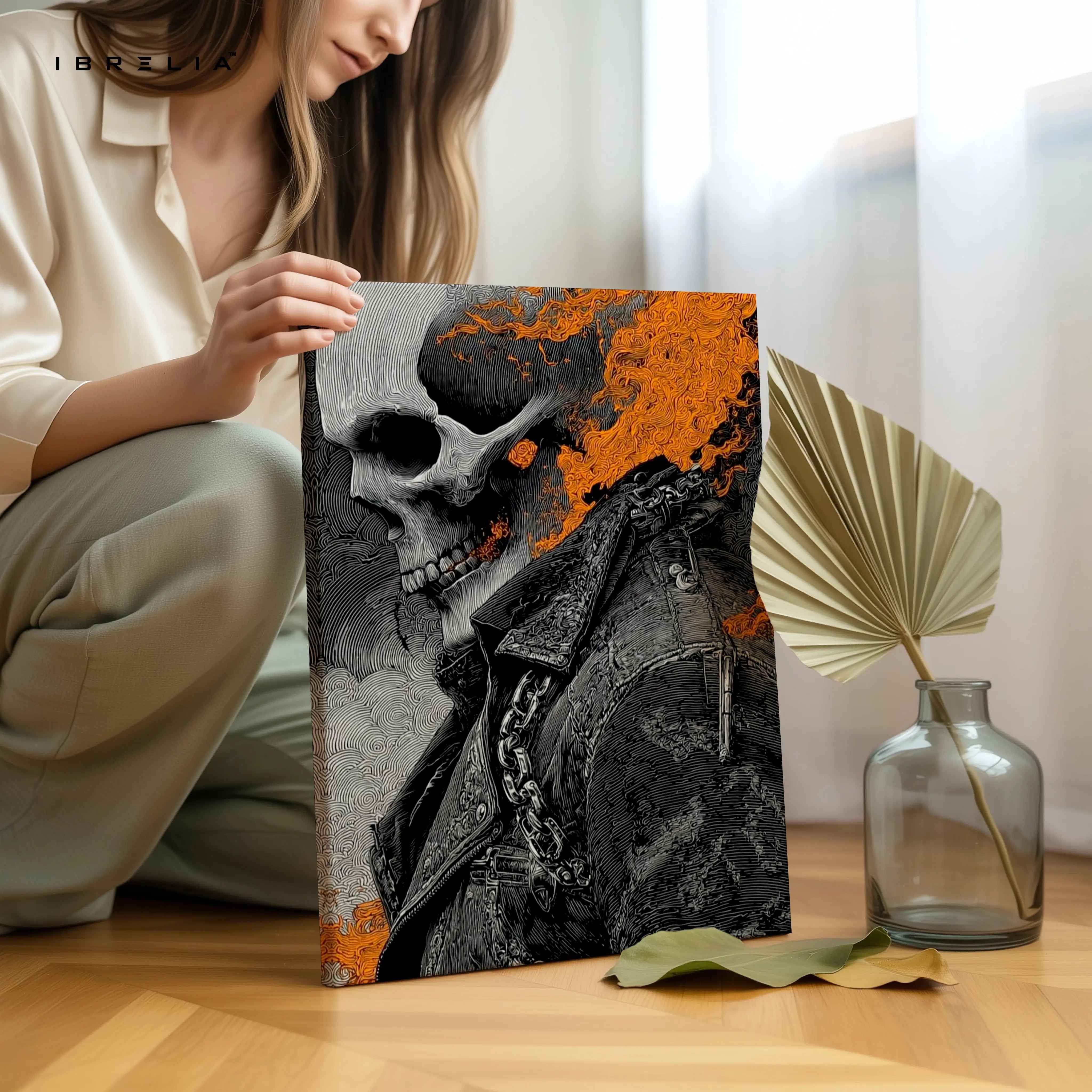 Flaming Skull Wall Art – Dark Biker Canvas Frame | Fire Skull Poster Pakistan | IBRELIA™ IBRELIA