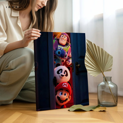 Cartoon Crossover Door Wall Art – Mario Buzz Stitch Panda Canvas Frame | Gaming & Character Decor Pakistan | IBRELIA™ IBRELIA
