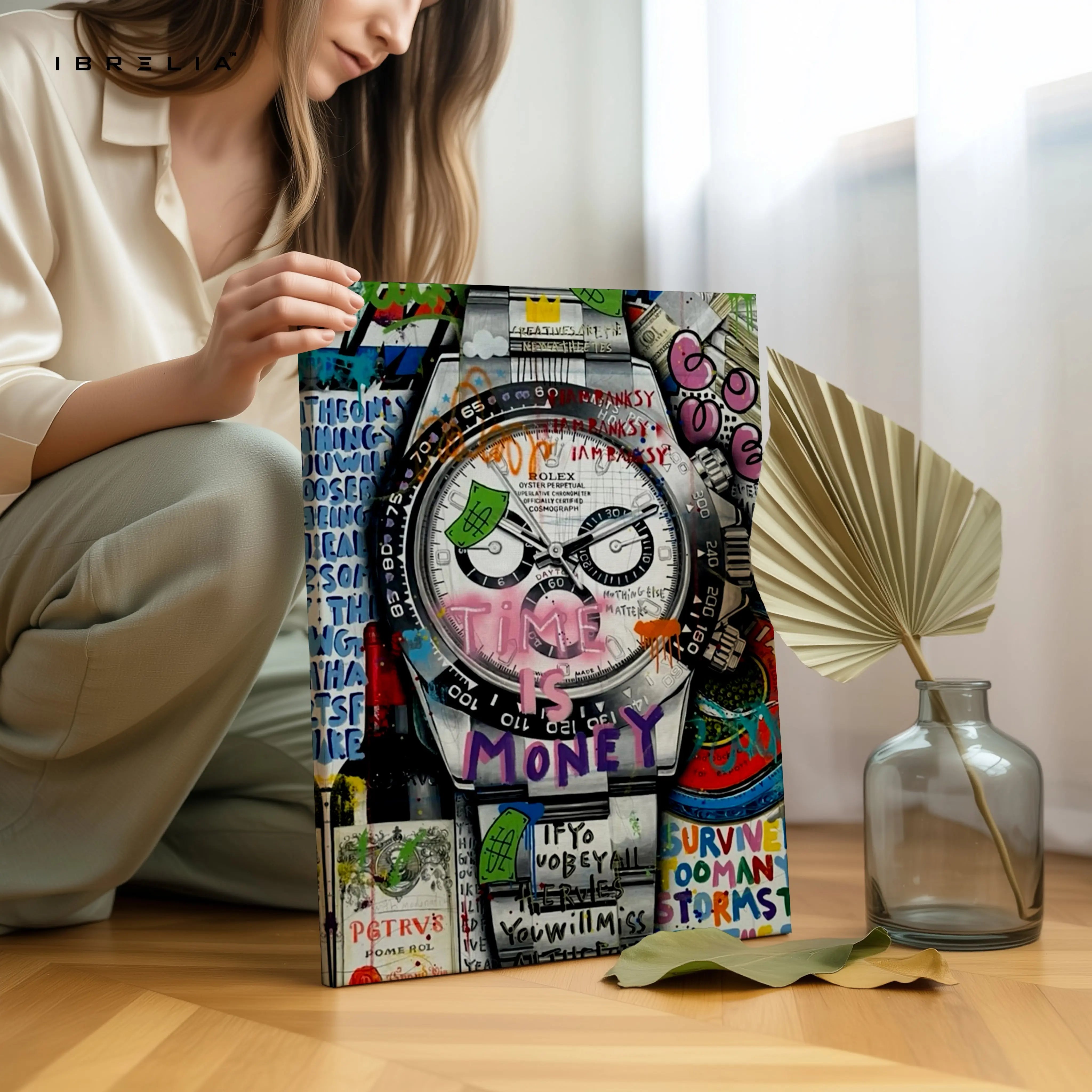 Luxury Watch Graffiti Wall Art – Rolex Inspired Street Art Poster | Time Is Money Canvas Frame Pakistan | IBRELIA™ IBRELIA