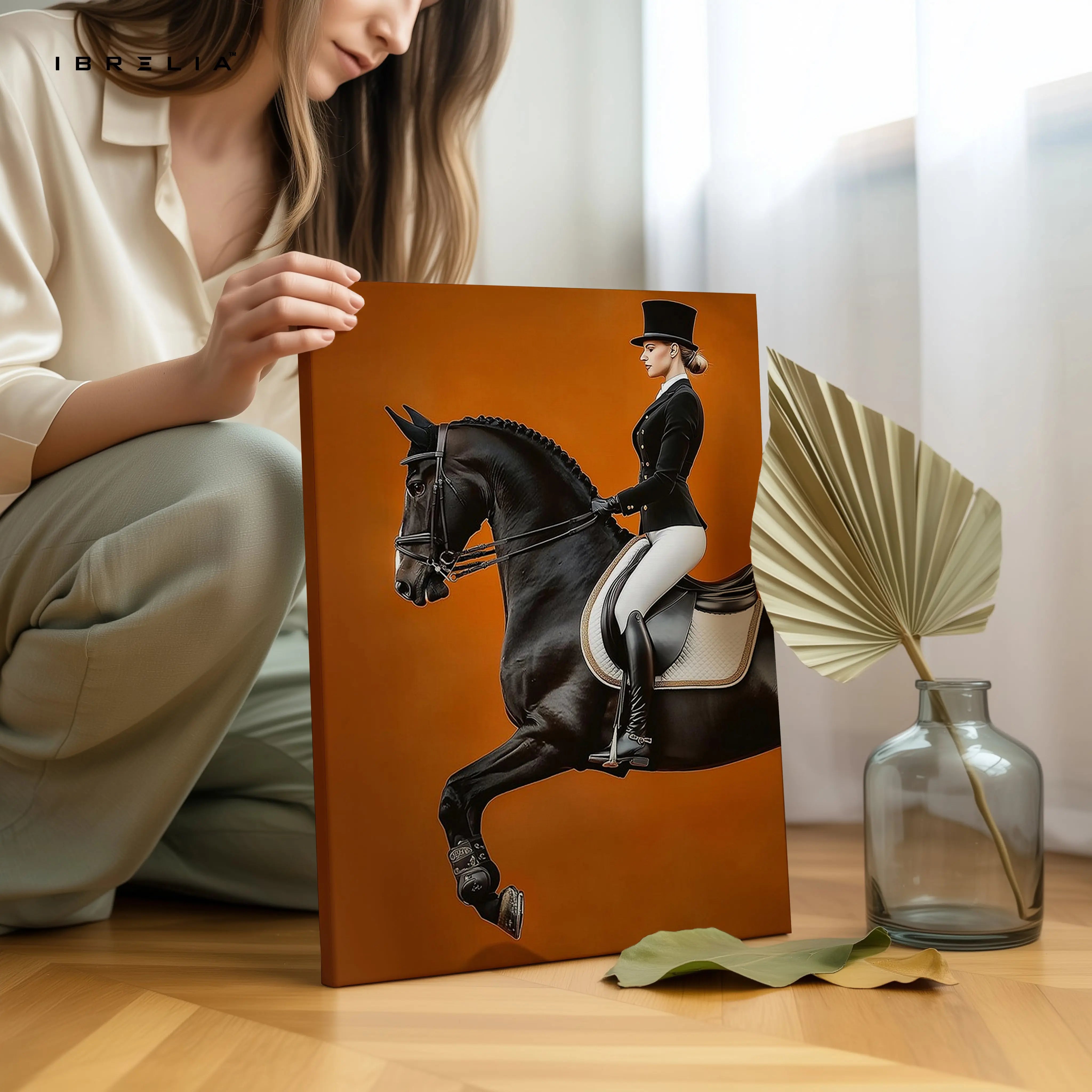 Royal Dressage Elegance Art – Black Horse Rider Luxury Minimal Wall Art | 4K Ultra Wrap Frame Wall Art in Pakistan | IBRELIA™ IBRELIA