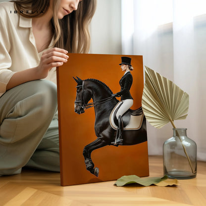 Royal Dressage Elegance Art – Black Horse Rider Luxury Minimal Wall Art | 4K Ultra Wrap Frame Wall Art in Pakistan | IBRELIA™ IBRELIA