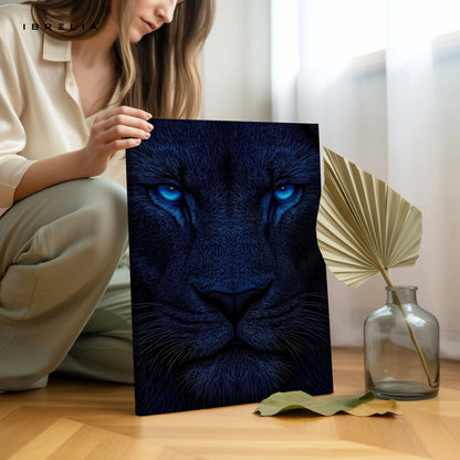 Blue Eyes Lion Wall Art – Dark Aesthetic Wildlife Canvas Frame | Luxury Animal Poster Pakistan | IBRELIA™ IBRELIA