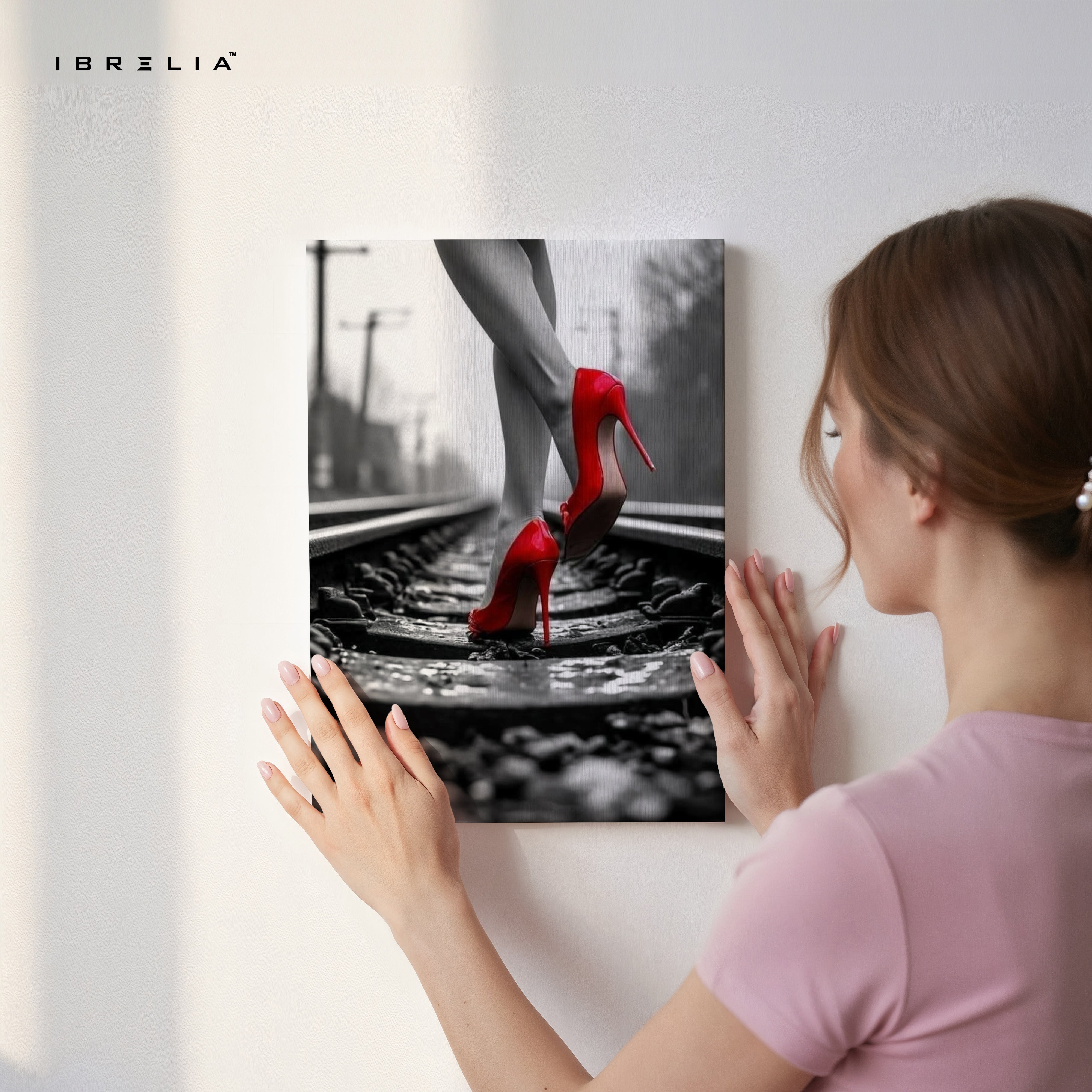 Red Heels on Railway Noir Art – 4K Ultra Wrap Frame Wall Art in Pakistan | IBRELIA™