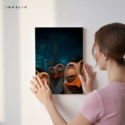 Midnight Mischief Penguins – Fun Animated 4K Ultra Wrap Frame Wall Art | IBRELIA™