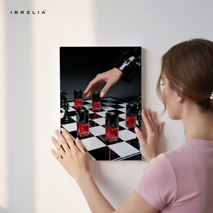 Red Nail Polish Chess Strategy Art – 4K Ultra Wrap Frame Wall Art in Pakistan | IBRELIA™
