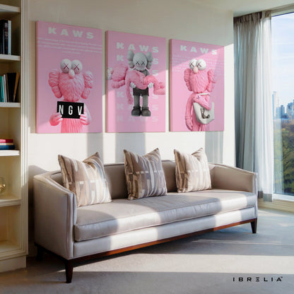 Pink KAWS Companion NGV 3 Panel 4K Ultra HD Wall Art in Pakistan | IBRELIA™ IBRELIA