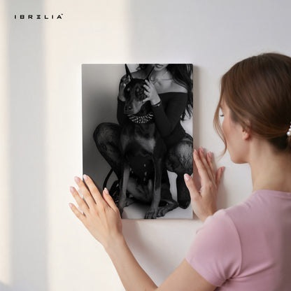 Elegant Doberman with Owner – Black & White Luxury 4K Ultra Wrap Frame Wall Art in Pakistan | IBRELIA™