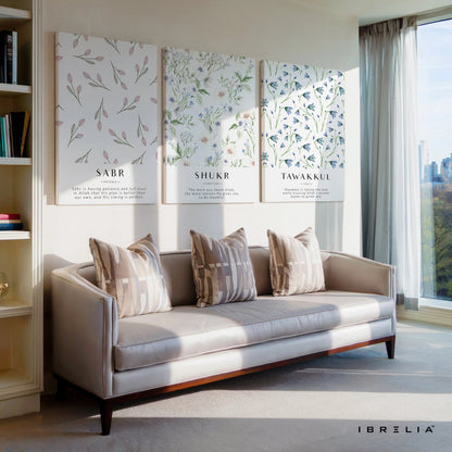 Sabr Shukr Tawakkul Botanical Islamic 3 Panel 4K Ultra HD Wall Art in Pakistan | IBRELIA™ IBRELIA