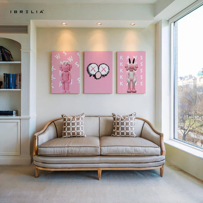 Pink KAWS Inspired Pop Art 3 Panel 4K Ultra HD Wall Art in Pakistan | IBRELIA™ IBRELIA