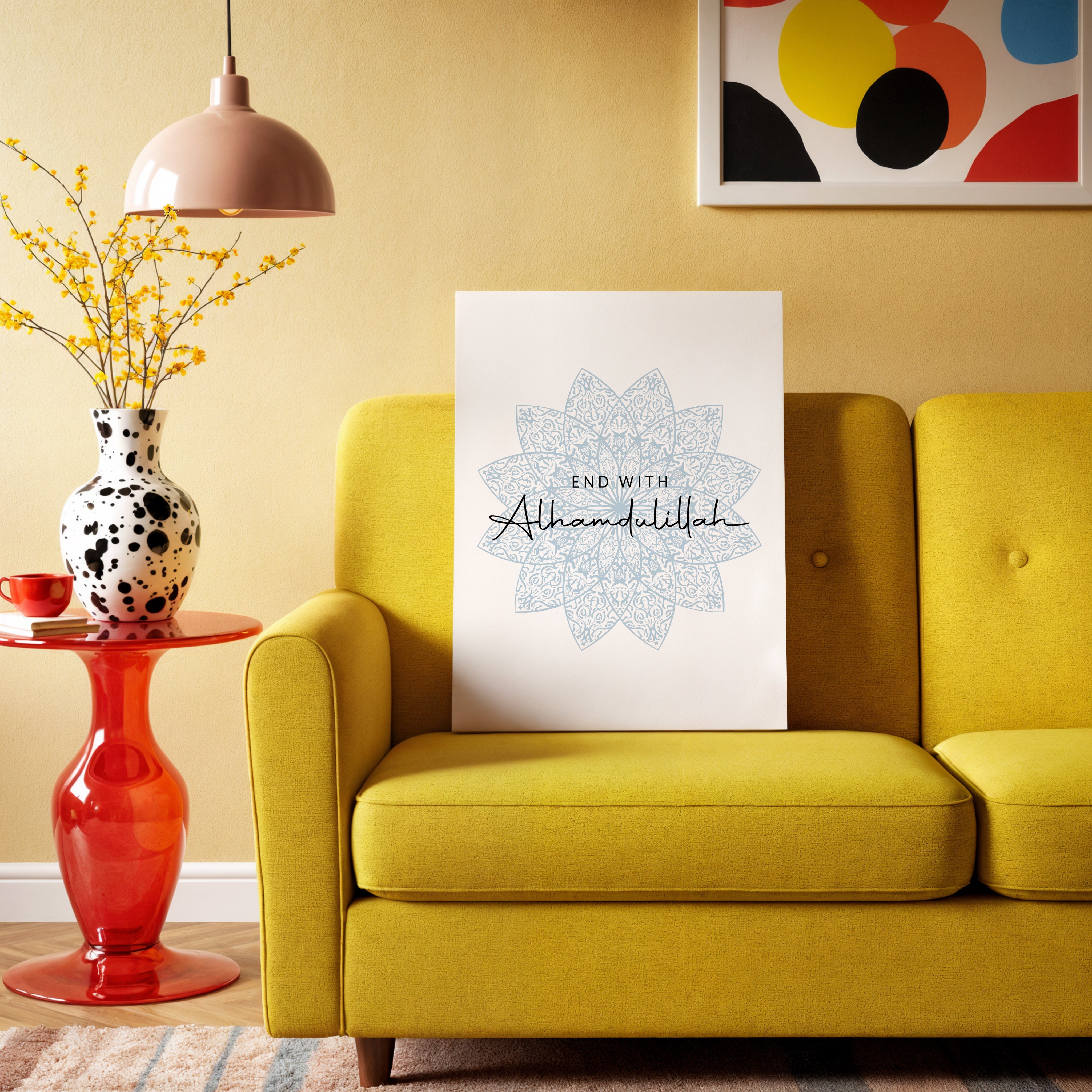 End With Alhamdulillah Islamic Wall Art – Soft Blue Mandala Design | 4K Ultra Wrap Frame Wall Art in Pakistan | IBRELIA™