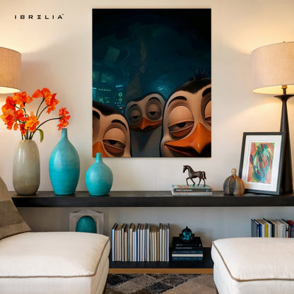 Midnight Mischief Penguins – Fun Animated 4K Ultra Wrap Frame Wall Art | IBRELIA™