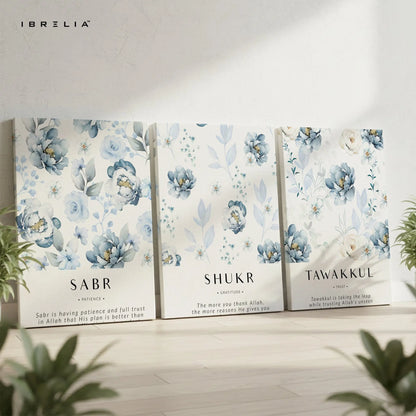 Sabr Shukr Tawakkul Floral Islamic 3 Panel 4K Ultra HD Wall Art in Pakistan | IBRELIA™ IBRELIA