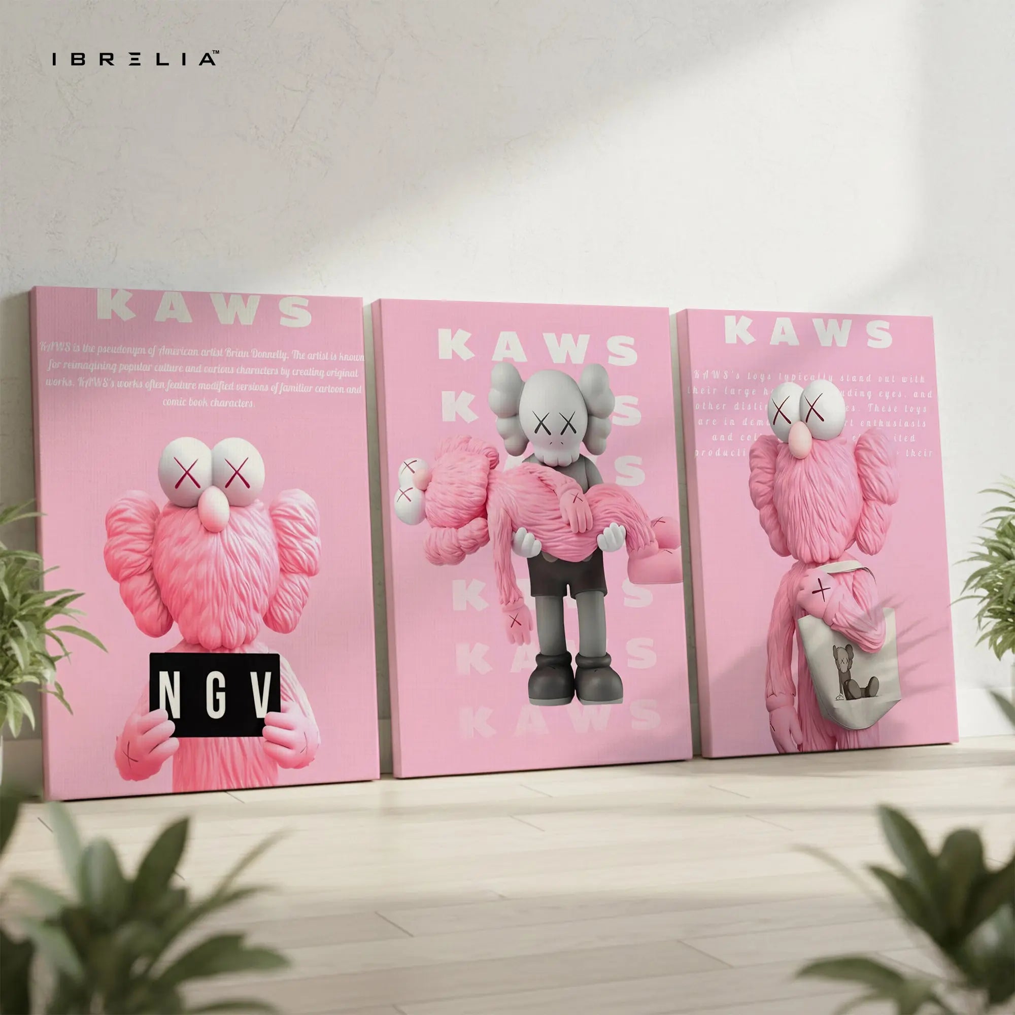 Pink KAWS Companion NGV 3 Panel 4K Ultra HD Wall Art in Pakistan | IBRELIA™ IBRELIA
