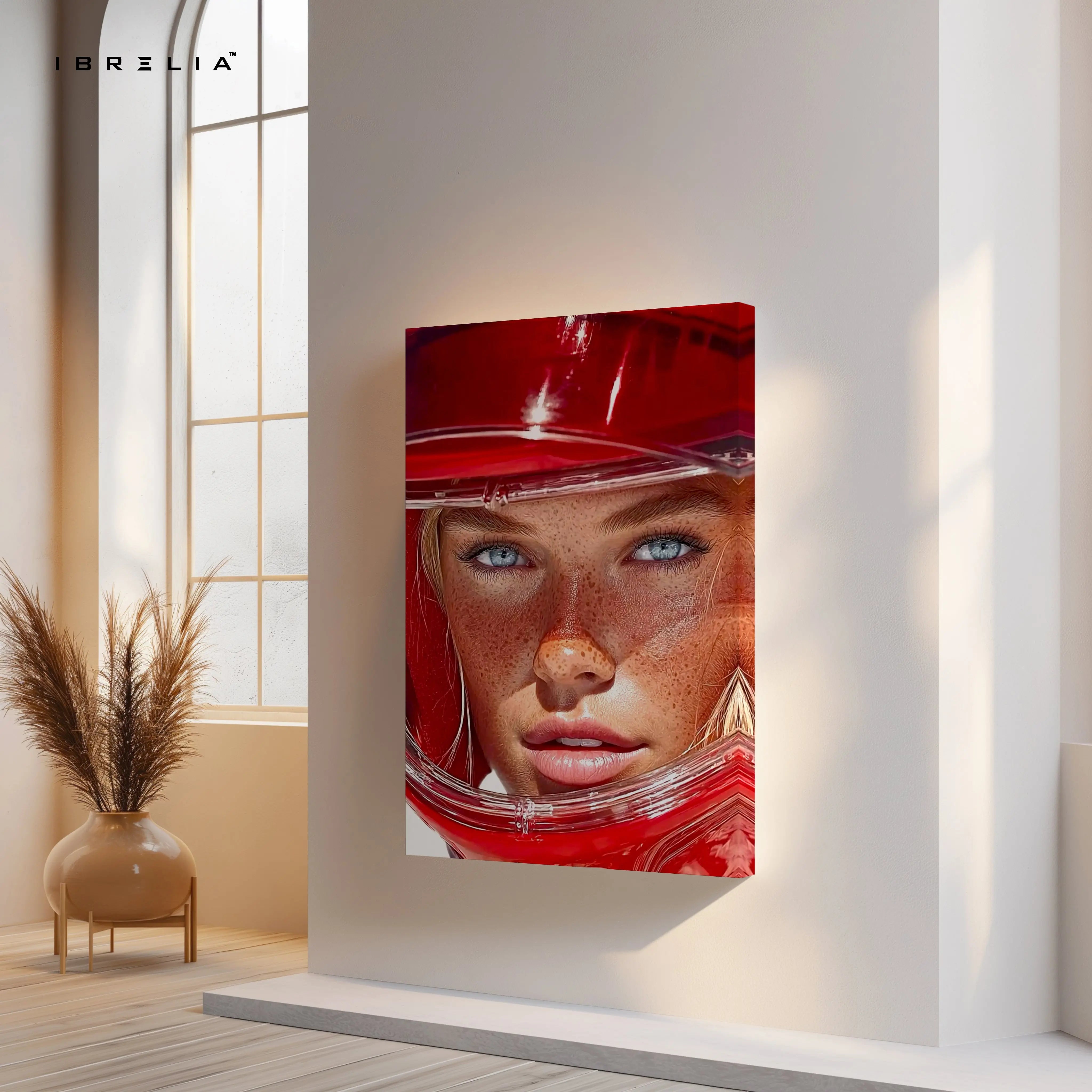 Red Helmet Portrait Wall Art – Aesthetic Fashion Canvas Frame | Bold Modern Female Poster Pakistan | IBRELIA™ IBRELIA