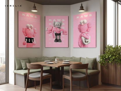 Pink KAWS Companion NGV 3 Panel 4K Ultra HD Wall Art in Pakistan | IBRELIA™ IBRELIA