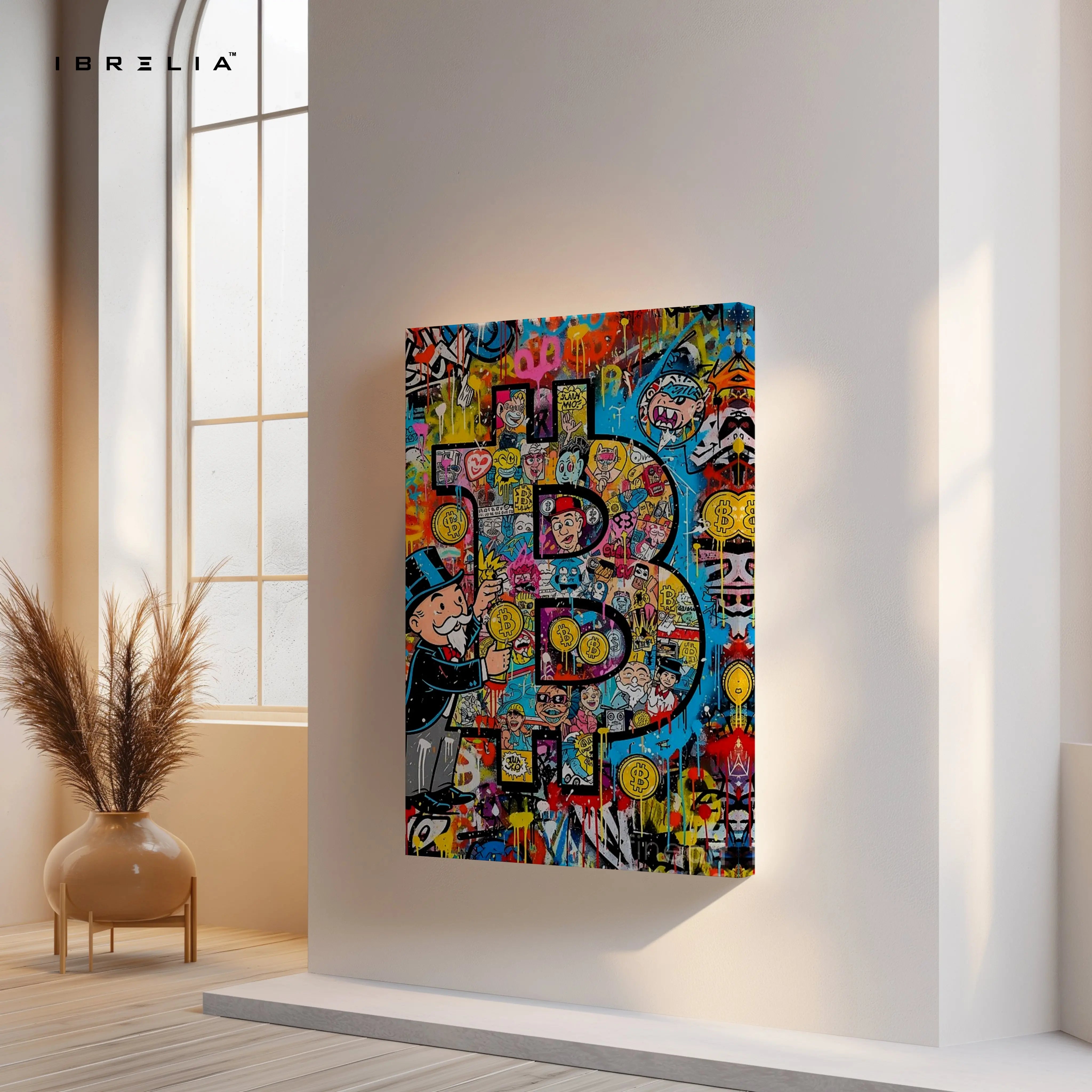 Bitcoin Graffiti Wall Art – Crypto Street Art Canvas | Monopoly Bitcoin Poster | Modern Finance Wall Decor Pakistan | IBRELIA™ IBRELIA