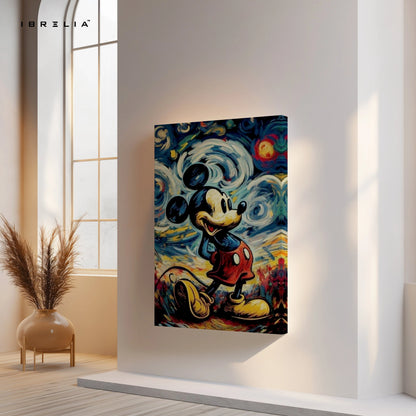 Mickey Mouse Starry Night Wall Art – Artistic Cartoon Canvas Frame | Abstract Classic Painting Style Poster Pakistan | IBRELIA™ IBRELIA