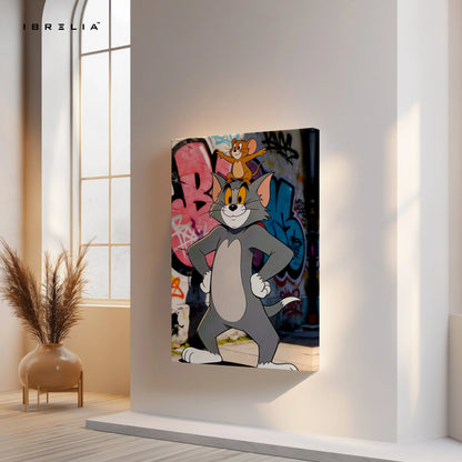 Tom & Jerry Street Art Wall Art – Cartoon Graffiti Canvas Frame | Classic Cartoon Poster Pakistan | IBRELIA™ IBRELIA